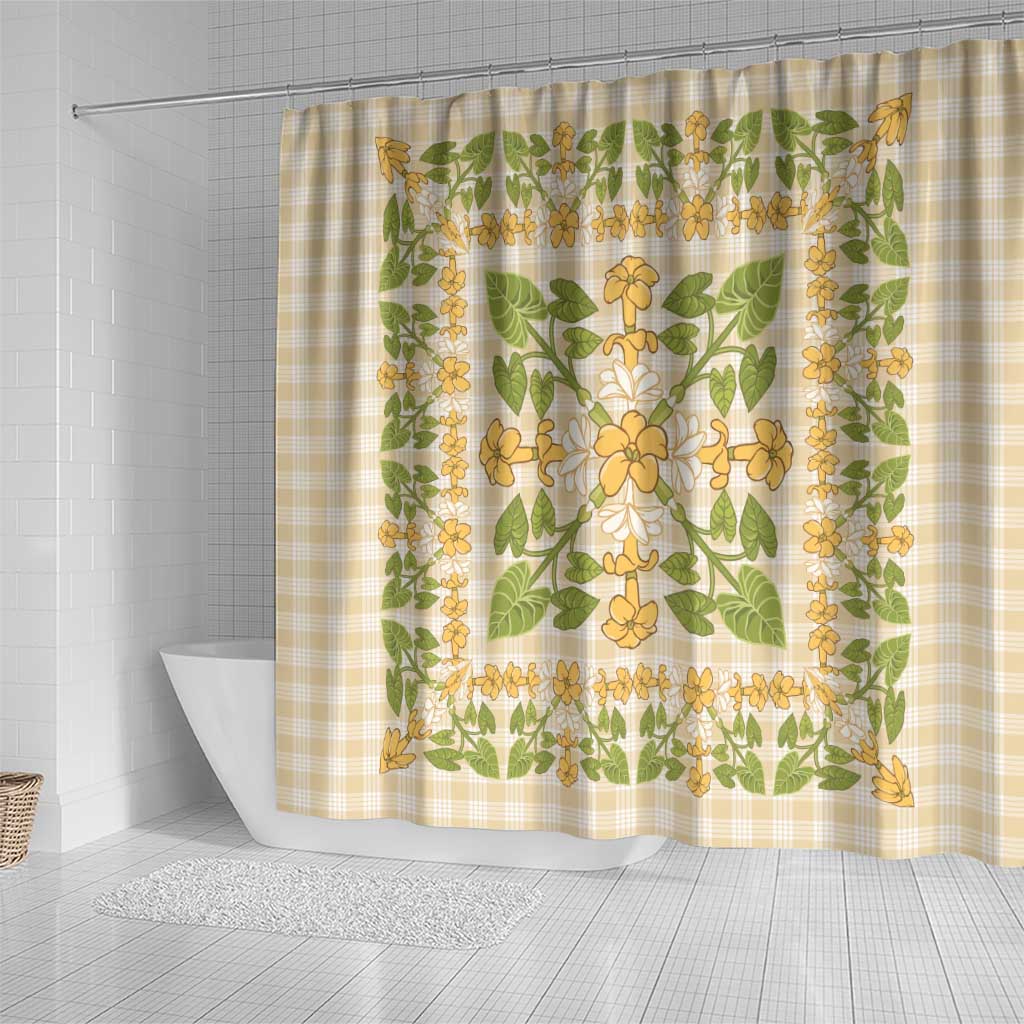 Squares Puakenikeni and Kalo Shower Curtain Beige Palaka Hawaiian Quilt Pattern - Polynesian Pride