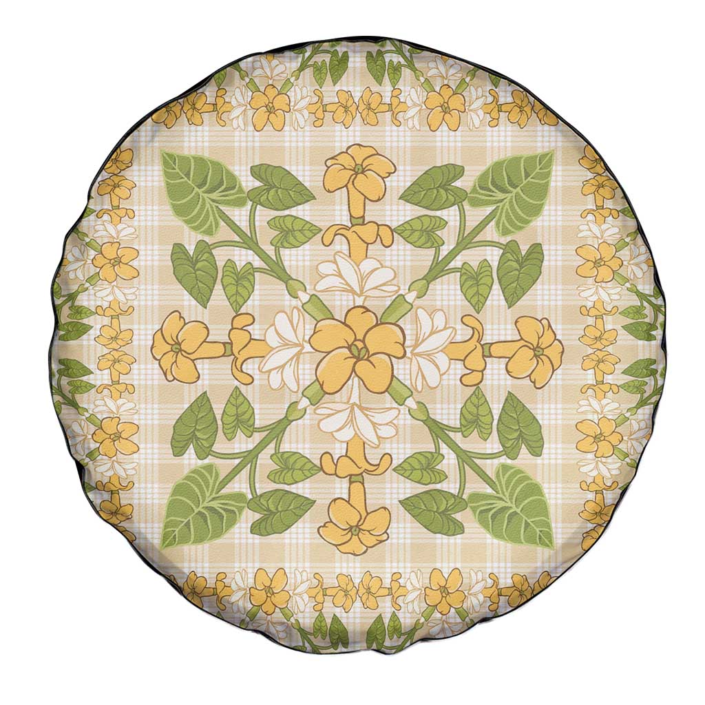 Squares Puakenikeni and Kalo Spare Tire Cover Beige Palaka Hawaiian Quilt Pattern - Polynesian Pride
