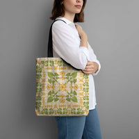 Squares Puakenikeni and Kalo Tote Bag Beige Palaka Hawaiian Quilt Pattern - Polynesian Pride