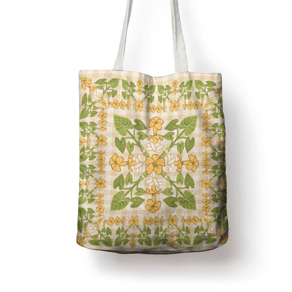 Squares Puakenikeni and Kalo Tote Bag Beige Palaka Hawaiian Quilt Pattern - Polynesian Pride