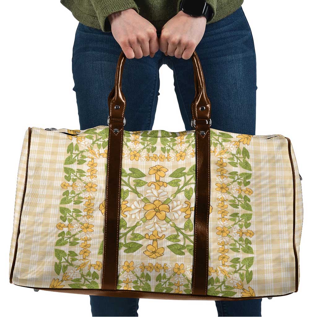 Squares Puakenikeni and Kalo Travel Bag Beige Palaka Hawaiian Quilt Pattern - Polynesian Pride
