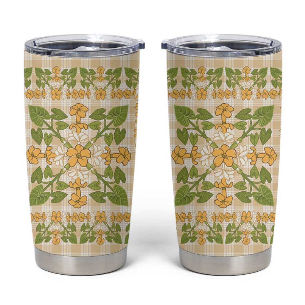 Squares Puakenikeni and Kalo Tumbler Cup Beige Palaka Hawaiian Quilt Pattern - Polynesian Pride