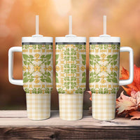 Squares Puakenikeni and Kalo Tumbler With Handle Beige Palaka Hawaiian Quilt Pattern - Polynesian Pride