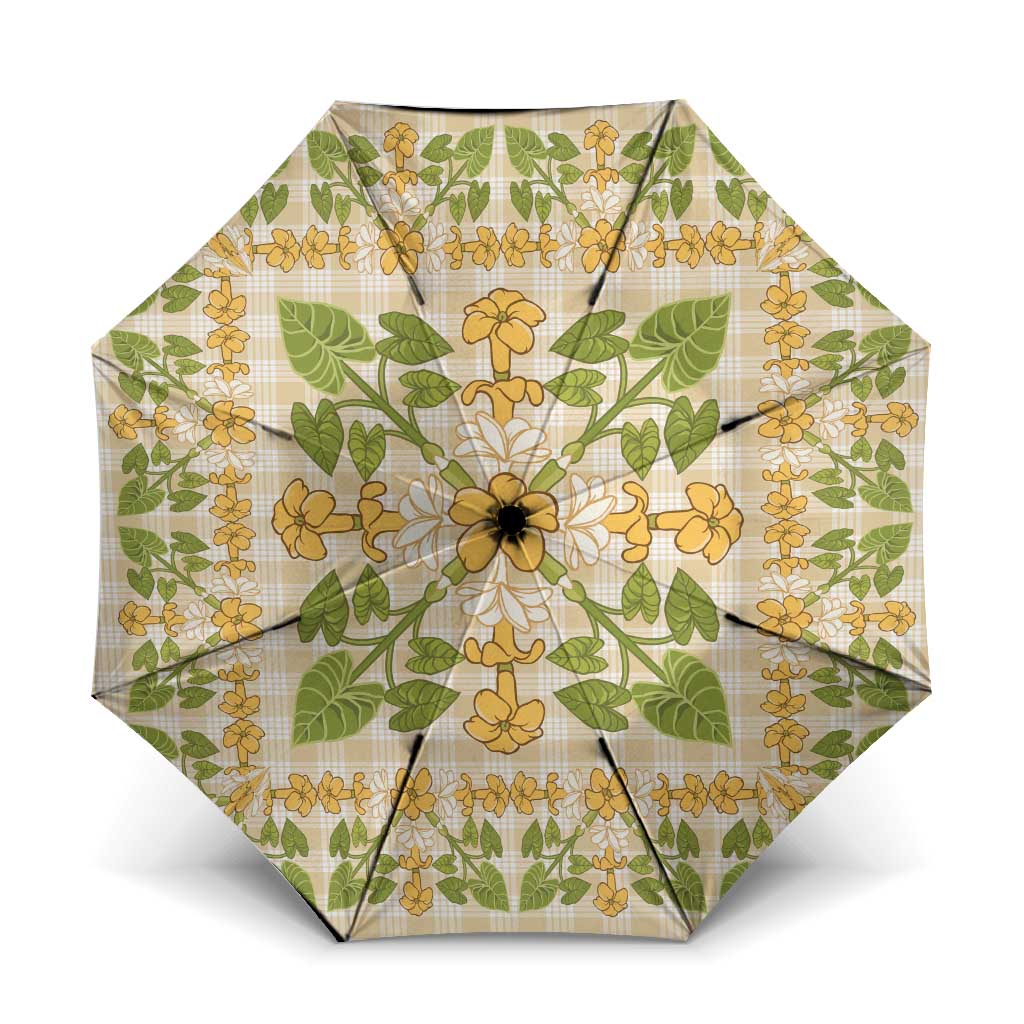 Squares Puakenikeni and Kalo Umbrella Beige Palaka Hawaiian Quilt Pattern - Polynesian Pride