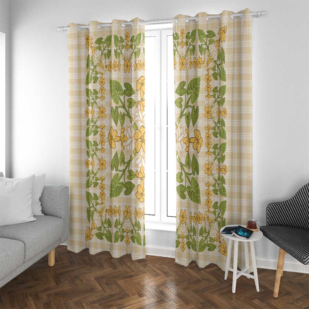 Squares Puakenikeni and Kalo Window Curtain Beige Palaka Hawaiian Quilt Pattern - Polynesian Pride