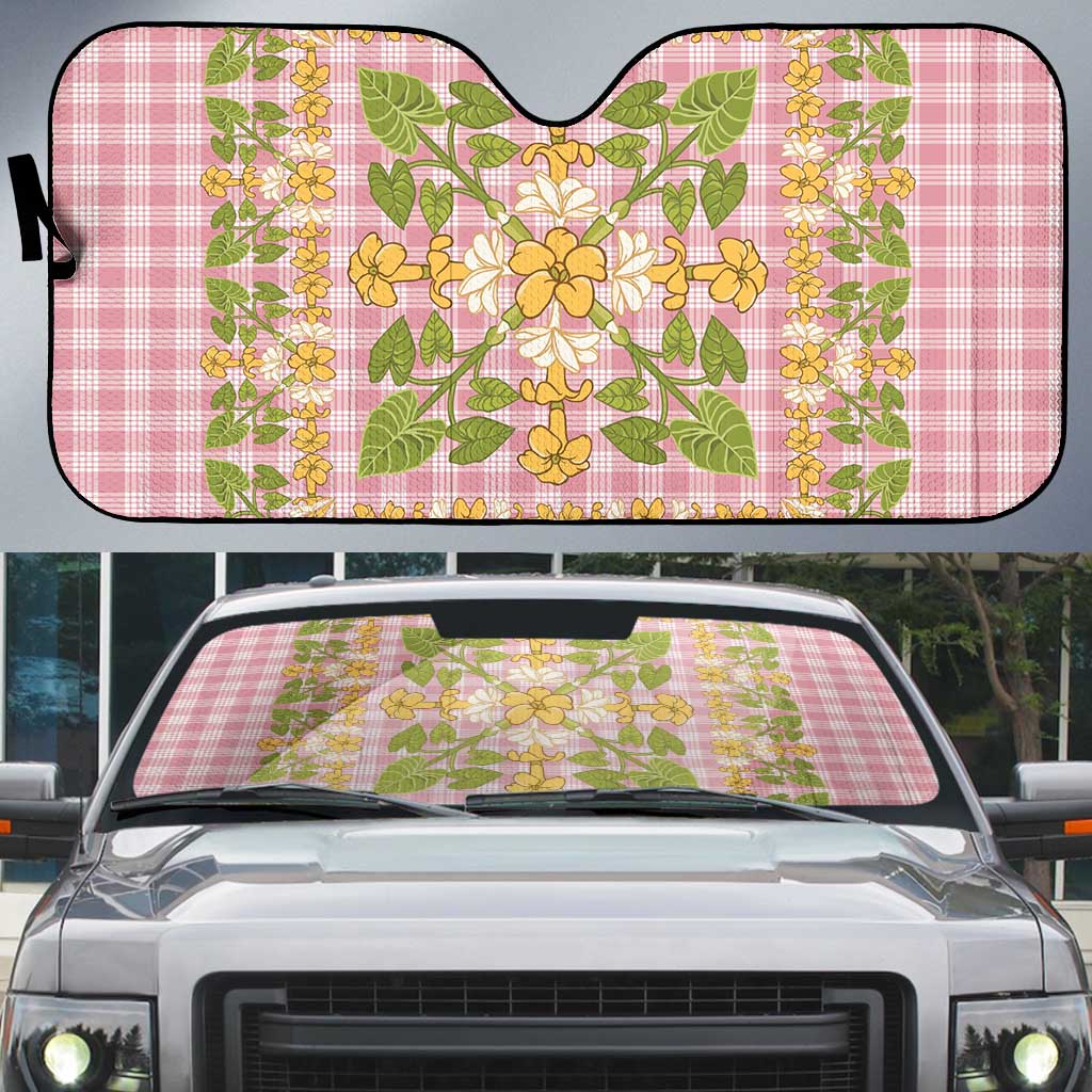 Squares Puakenikeni and Kalo Auto Sun Shade Pink Palaka Hawaiian Quilt Pattern - Polynesian Pride
