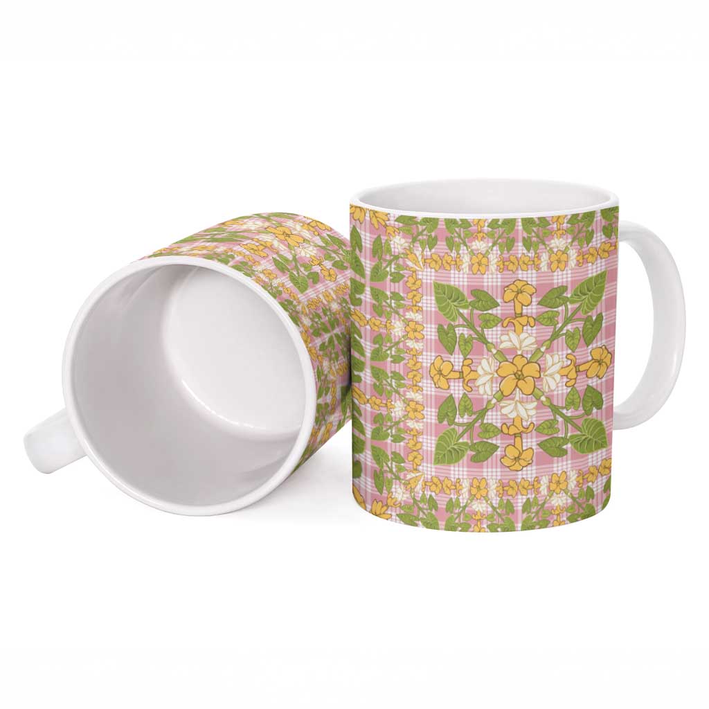 Squares Puakenikeni and Kalo Ceramic Mug Pink Palaka Hawaiian Quilt Pattern LT9 - Polynesian Pride