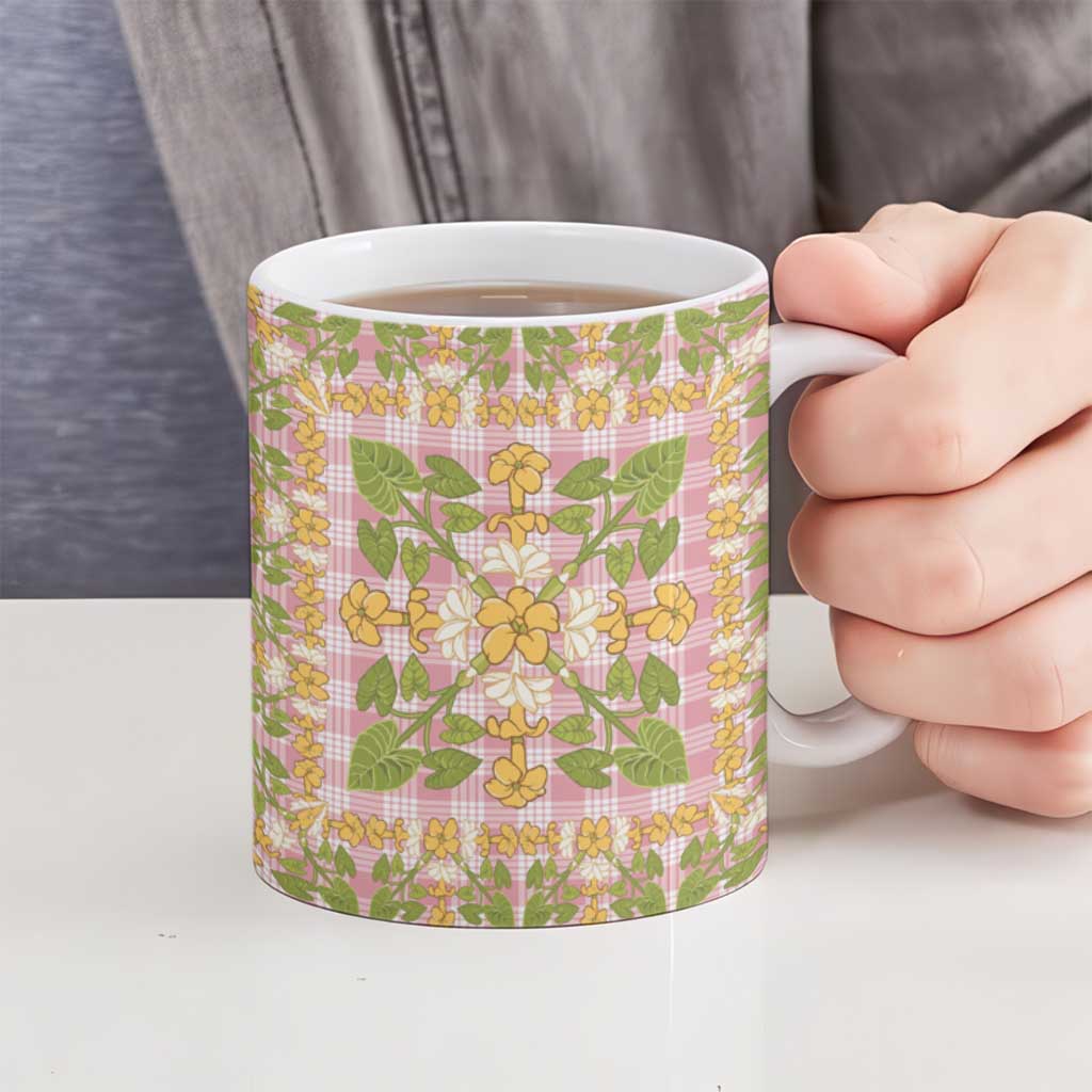 Squares Puakenikeni and Kalo Ceramic Mug Pink Palaka Hawaiian Quilt Pattern LT9 - Polynesian Pride