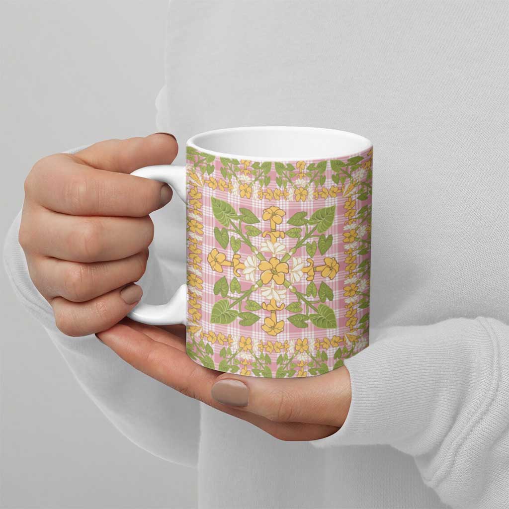 Squares Puakenikeni and Kalo Ceramic Mug Pink Palaka Hawaiian Quilt Pattern LT9 - Polynesian Pride