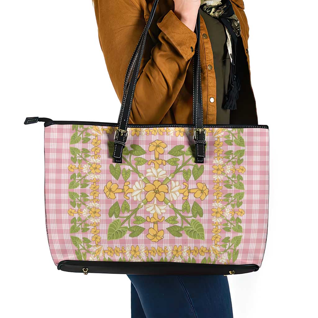 Squares Puakenikeni and Kalo Leather Tote Bag Pink Palaka Hawaiian Quilt Pattern - Polynesian Pride