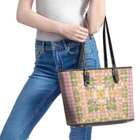 Squares Puakenikeni and Kalo Leather Tote Bag Pink Palaka Hawaiian Quilt Pattern - Polynesian Pride