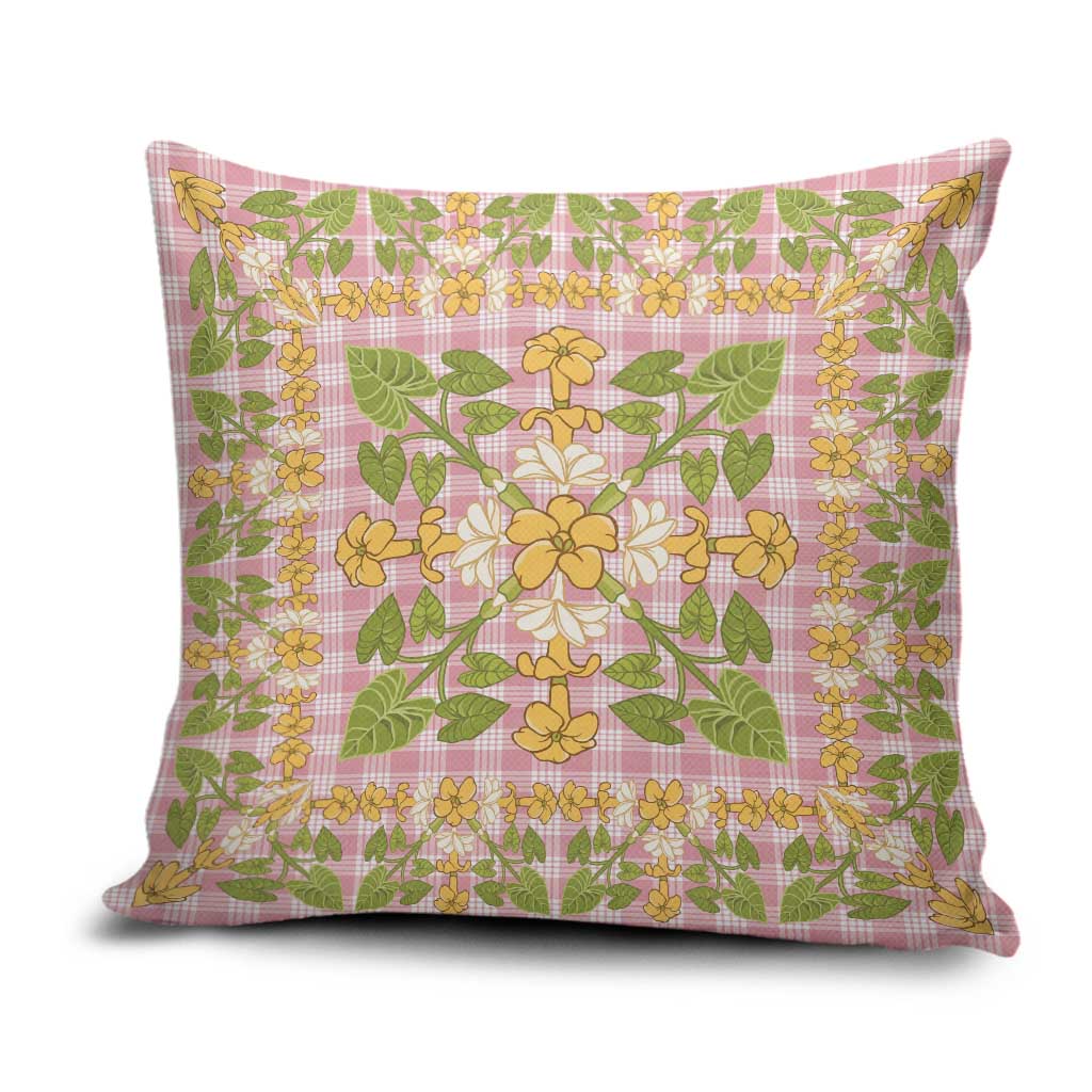 Squares Puakenikeni and Kalo Pillow Cover Pink Palaka Hawaiian Quilt Pattern - Polynesian Pride