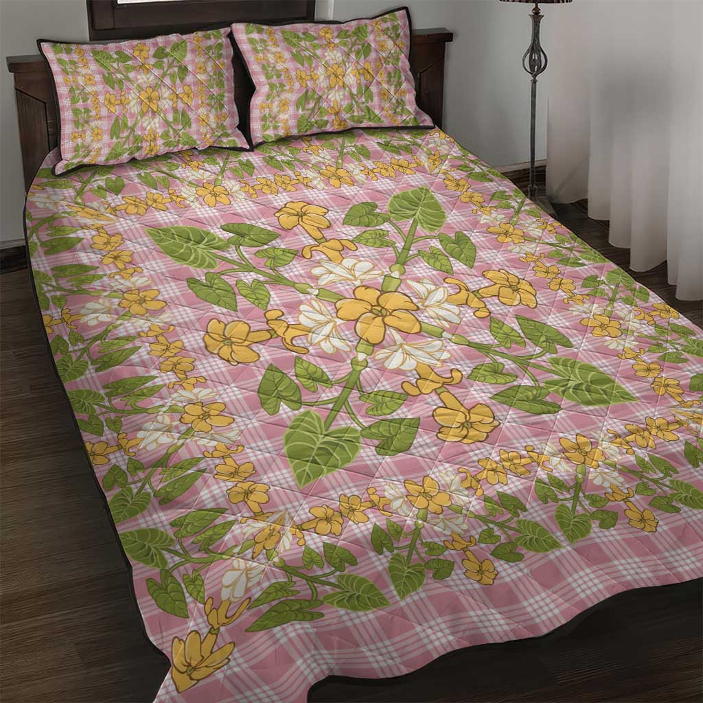 Squares Puakenikeni and Kalo Quilt Bed Set Pink Palaka Hawaiian Quilt Pattern - Polynesian Pride