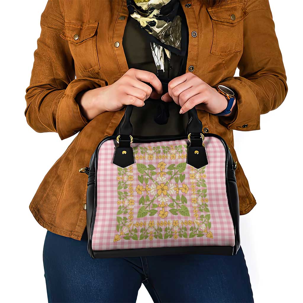 Squares Puakenikeni and Kalo Shoulder Handbag Pink Palaka Hawaiian Quilt Pattern - Polynesian Pride