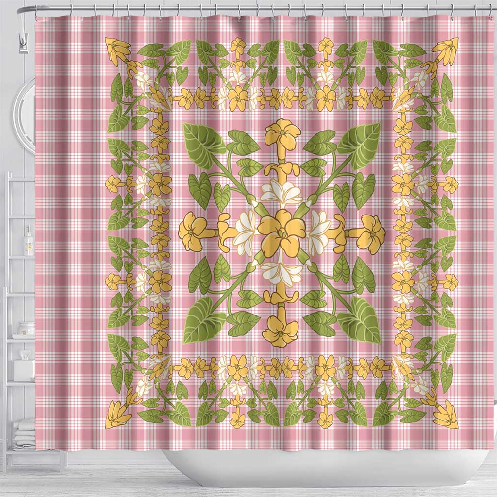 Squares Puakenikeni and Kalo Shower Curtain Pink Palaka Hawaiian Quilt Pattern - Polynesian Pride