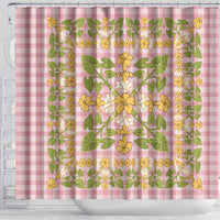 Squares Puakenikeni and Kalo Shower Curtain Pink Palaka Hawaiian Quilt Pattern - Polynesian Pride