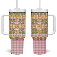 Squares Puakenikeni and Kalo Tumbler With Handle Pink Palaka Hawaiian Quilt Pattern - Polynesian Pride