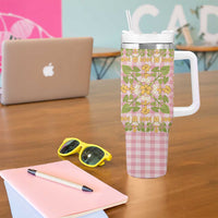 Squares Puakenikeni and Kalo Tumbler With Handle Pink Palaka Hawaiian Quilt Pattern - Polynesian Pride
