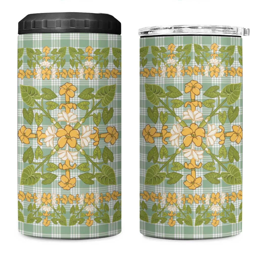 Squares Puakenikeni and Kalo 4 in 1 Can Cooler Tumbler Turquoise Palaka Hawaiian Quilt Pattern - Polynesian Pride