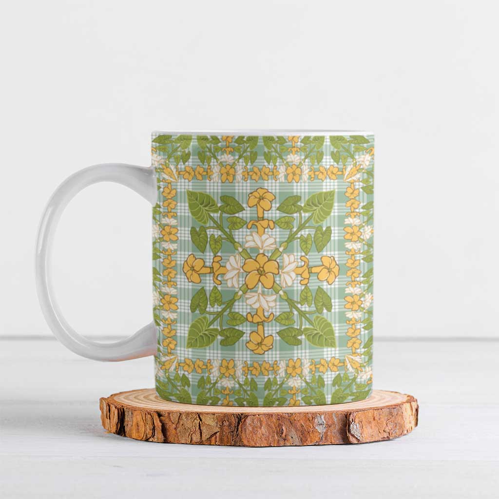 Squares Puakenikeni and Kalo Ceramic Mug Turquoise Palaka Hawaiian Quilt Pattern - Polynesian Pride