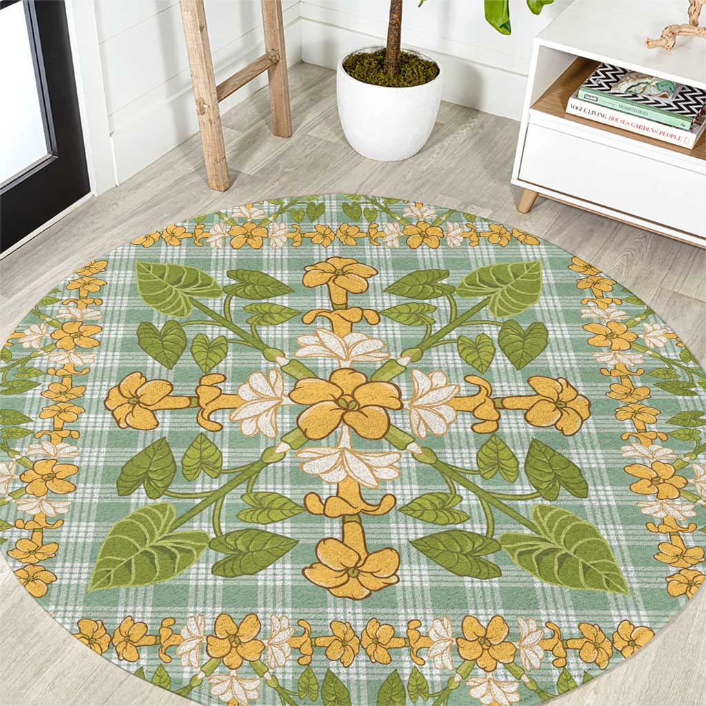 Squares Puakenikeni and Kalo Round Carpet Turquoise Palaka Hawaiian Quilt Pattern - Polynesian Pride