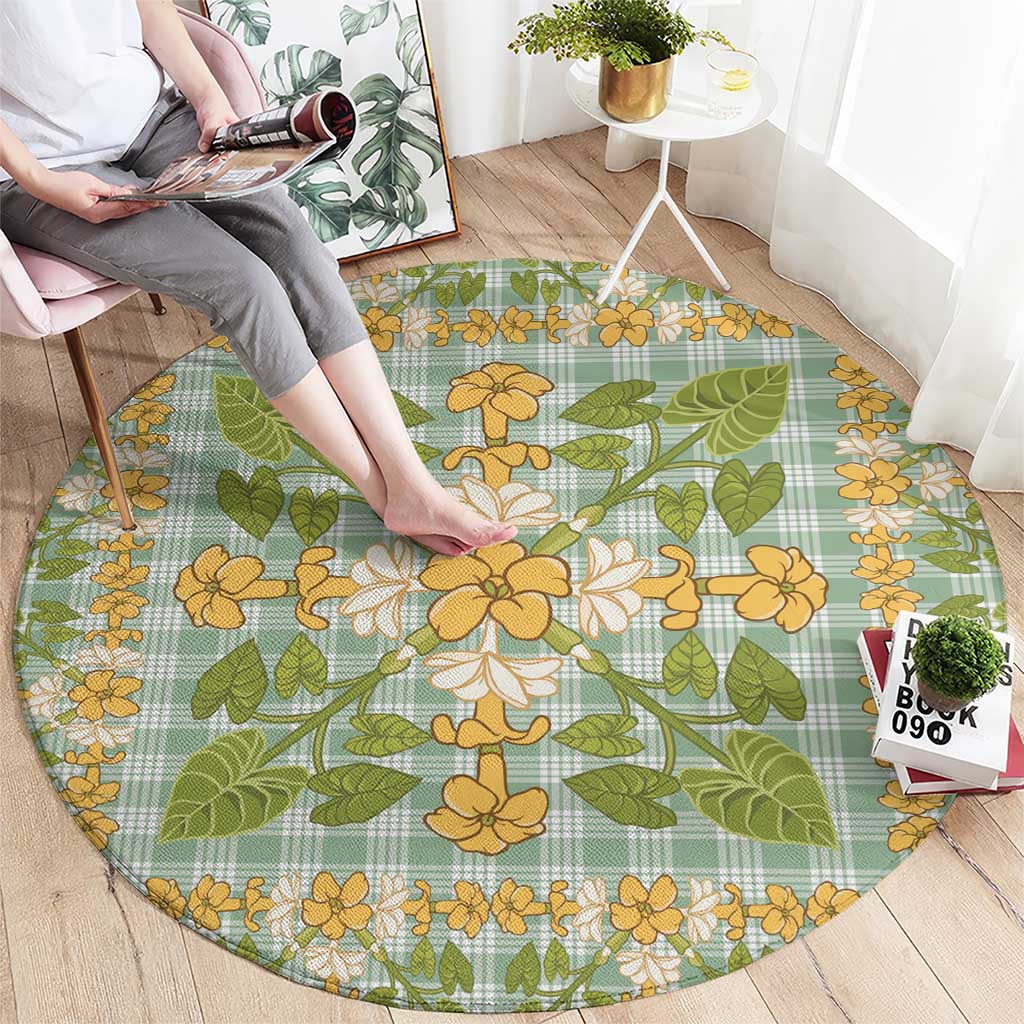 Squares Puakenikeni and Kalo Round Carpet Turquoise Palaka Hawaiian Quilt Pattern - Polynesian Pride