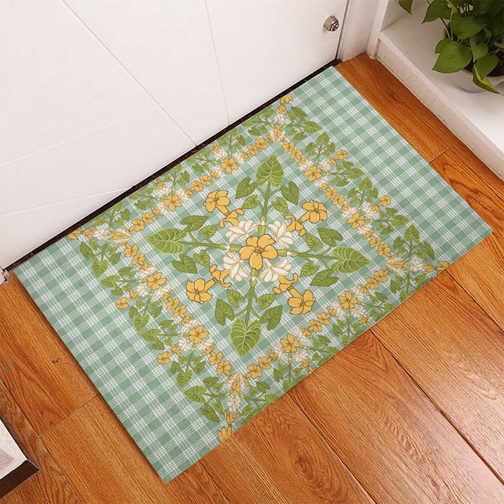 Squares Puakenikeni and Kalo Rubber Doormat Turquoise Palaka Hawaiian Quilt Pattern - Polynesian Pride