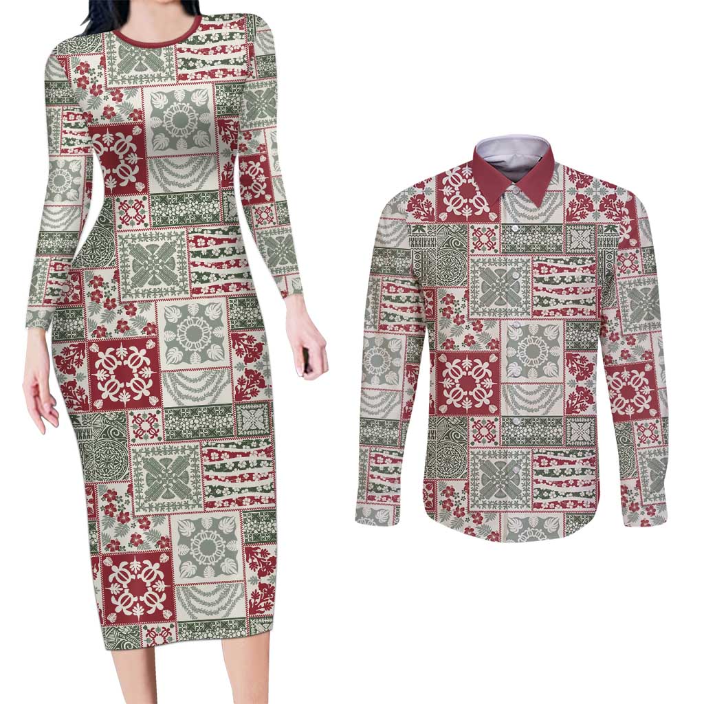 Mele Kalikimaka Hawaii Christmas Couples Matching Long Sleeve Bodycon Dress and Long Sleeve Button Shirt Aloha Spirit with Hawaiian Quilt Pattern - Polynesian Pride