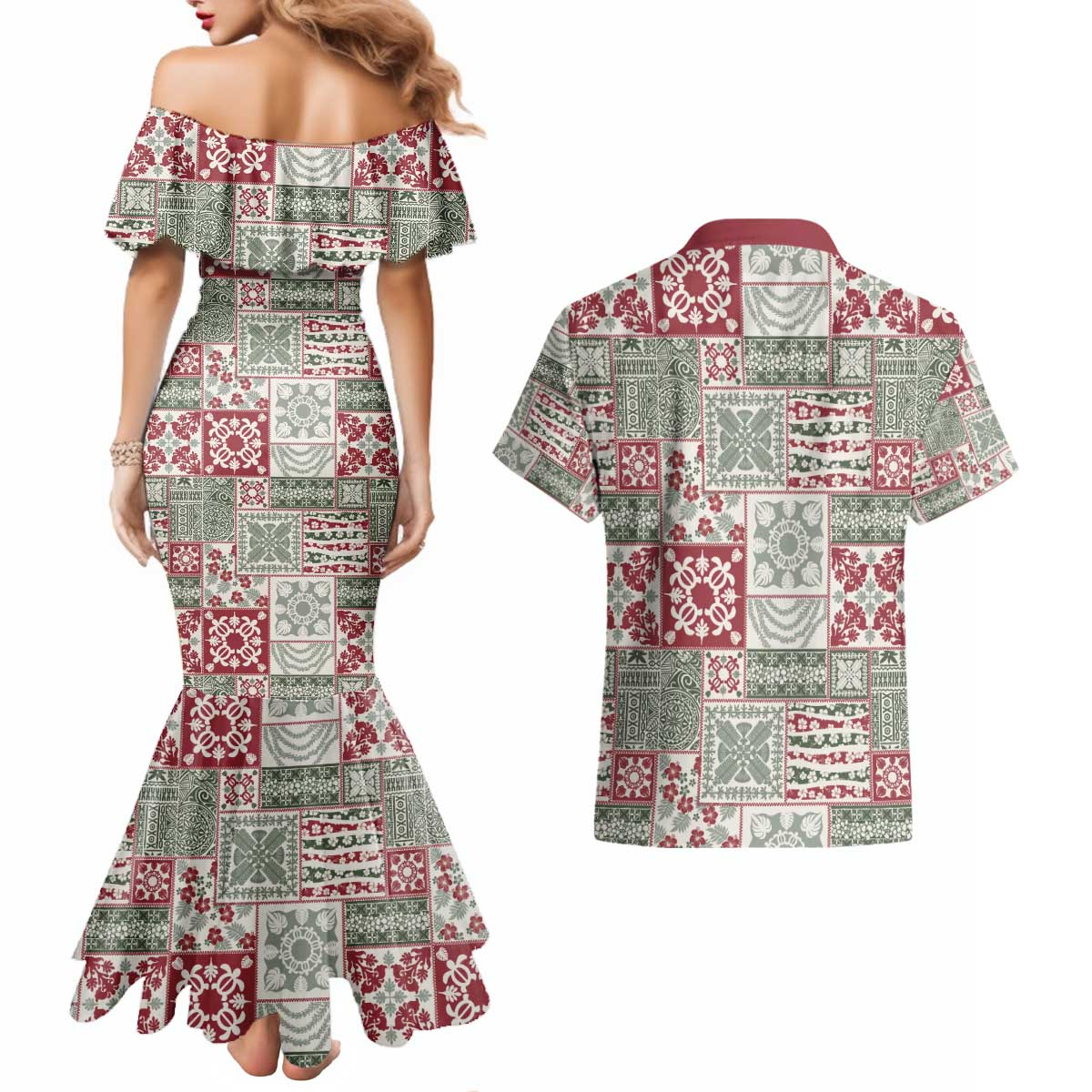 Mele Kalikimaka Hawaii Christmas Couples Matching Mermaid Dress and Hawaiian Shirt Aloha Spirit with Hawaiian Quilt Pattern - Polynesian Pride