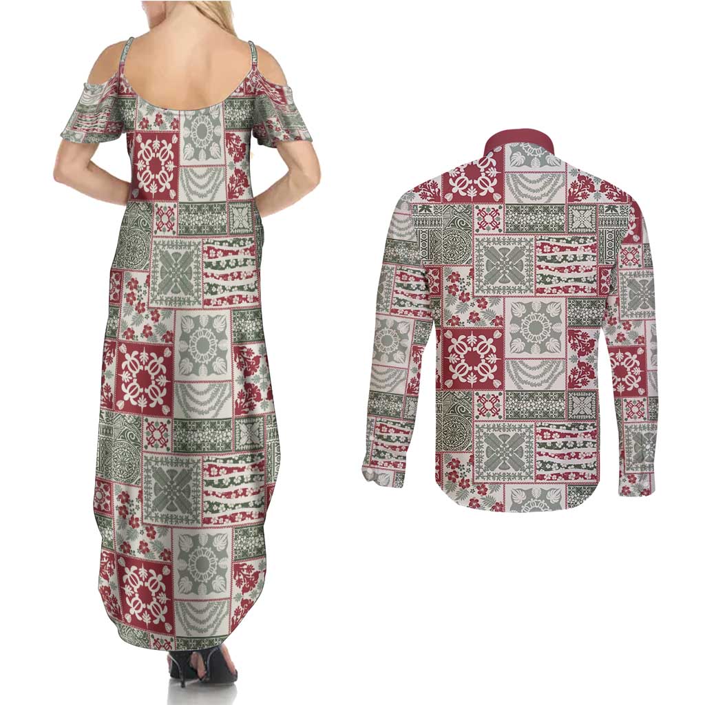 Mele Kalikimaka Hawaii Christmas Couples Matching Summer Maxi Dress and Long Sleeve Button Shirt Aloha Spirit with Hawaiian Quilt Pattern - Polynesian Pride
