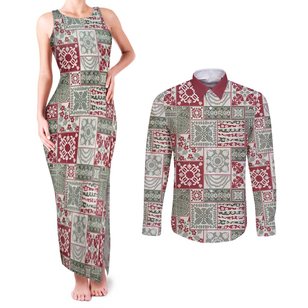 Mele Kalikimaka Hawaii Christmas Couples Matching Tank Maxi Dress and Long Sleeve Button Shirt Aloha Spirit with Hawaiian Quilt Pattern - Polynesian Pride