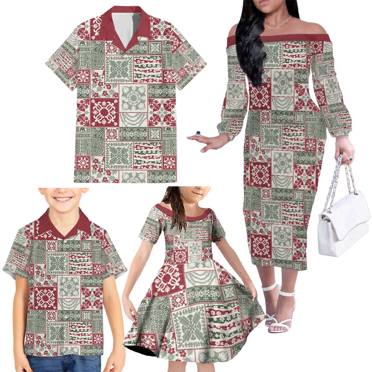 Mele Kalikimaka Hawaii Christmas Family Matching Off The Shoulder Long Sleeve Dress and Hawaiian Shirt Aloha Spirit with Hawaiian Quilt Pattern - Polynesian Pride