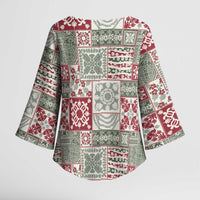Mele Kalikimaka Hawaii Christmas Kimono Sleeve Blouse Aloha Spirit with Hawaiian Quilt Pattern - Polynesian Pride