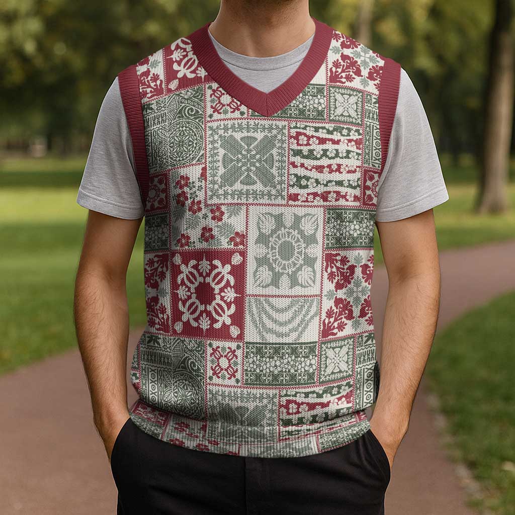 Mele Kalikimaka Hawaii Christmas Knitted V-Neck Vest Aloha Spirit with Hawaiian Quilt Pattern - Polynesian Pride
