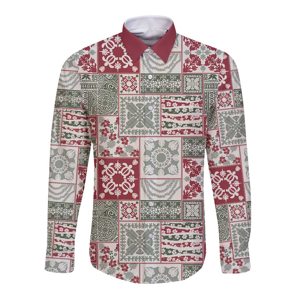 Mele Kalikimaka Hawaii Christmas Long Sleeve Button Shirt Aloha Spirit with Hawaiian Quilt Pattern - Polynesian Pride