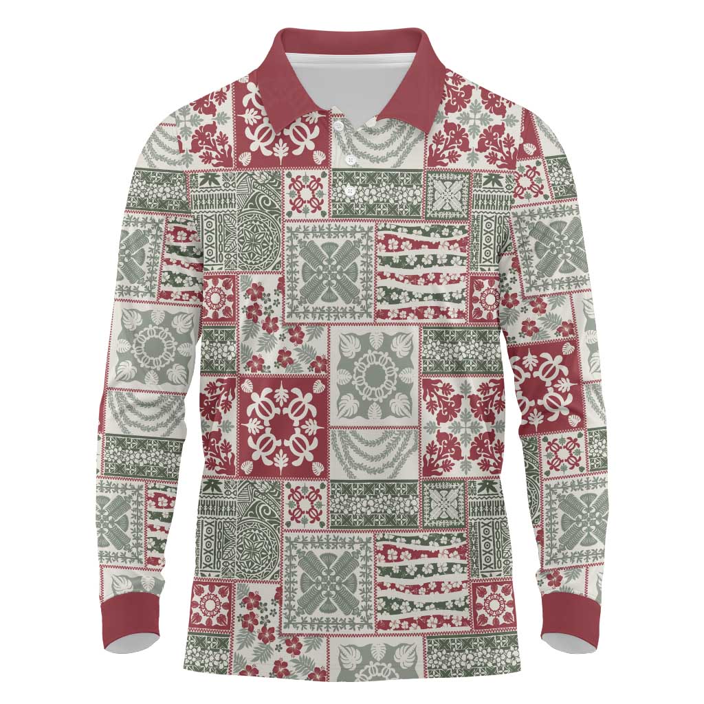 Mele Kalikimaka Hawaii Christmas Long Sleeve Polo Shirt Aloha Spirit with Hawaiian Quilt Pattern - Polynesian Pride