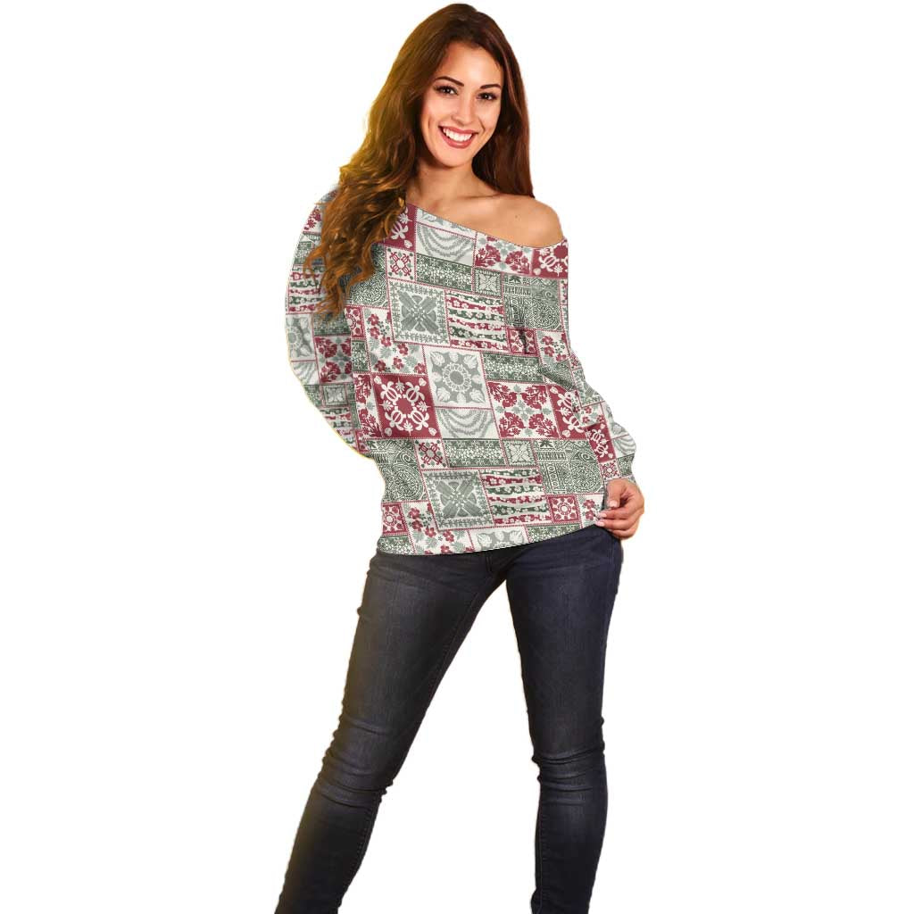 Mele Kalikimaka Hawaii Christmas Off Shoulder Sweater Aloha Spirit with Hawaiian Quilt Pattern - Polynesian Pride