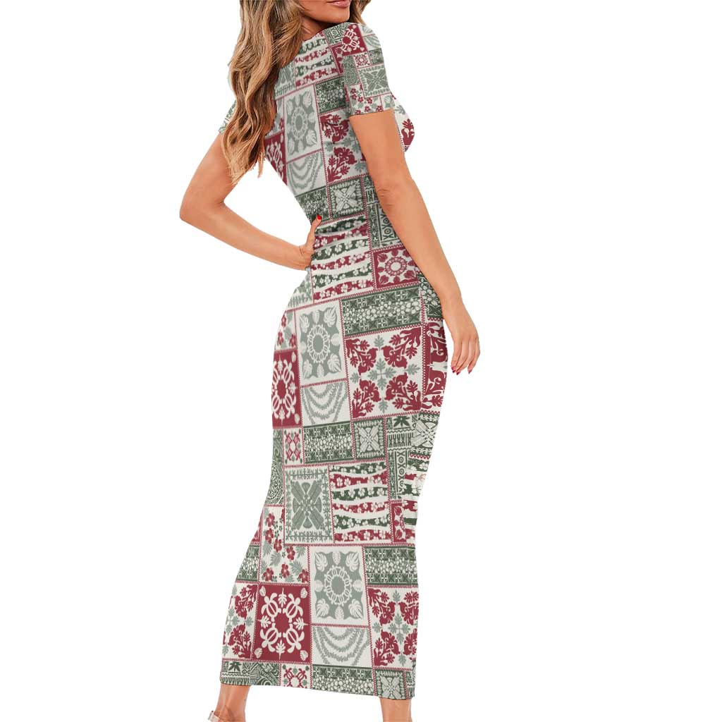 Mele Kalikimaka Hawaii Christmas Short Sleeve Bodycon Dress Aloha Spirit with Hawaiian Quilt Pattern - Polynesian Pride