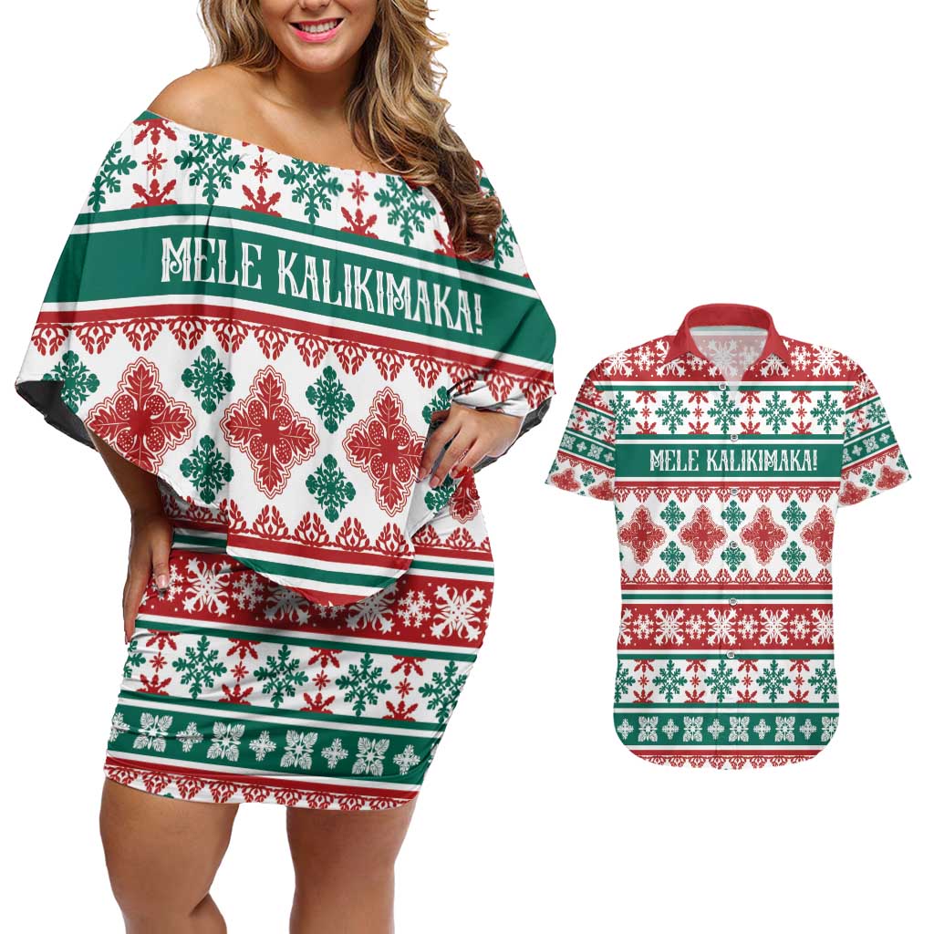 Mele Kalikimaka Hawaii Christmas Couples Matching Off Shoulder Short Dress and Hawaiian Shirt Hawaiian Quilt Pattern Style - Polynesian Pride