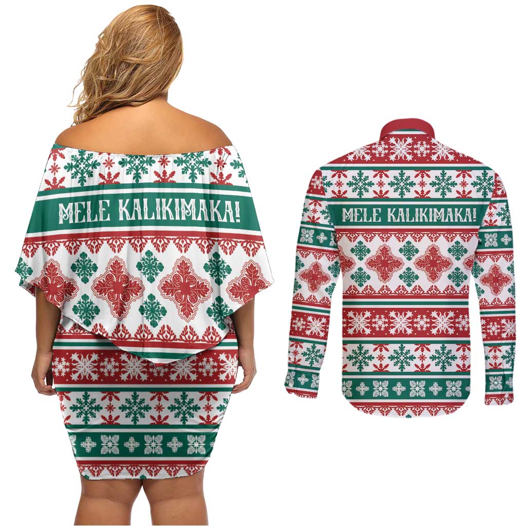 Mele Kalikimaka Hawaii Christmas Couples Matching Off Shoulder Short Dress and Long Sleeve Button Shirt Hawaiian Quilt Pattern Style - Polynesian Pride