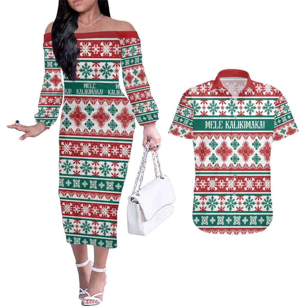 Mele Kalikimaka Hawaii Christmas Couples Matching Off The Shoulder Long Sleeve Dress and Hawaiian Shirt Hawaiian Quilt Pattern Style - Polynesian Pride