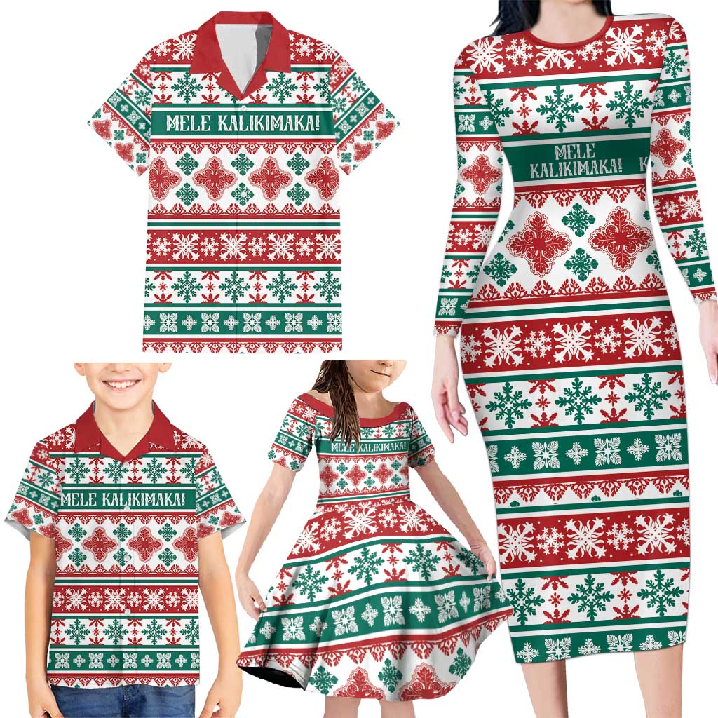 Mele Kalikimaka Hawaii Christmas Family Matching Long Sleeve Bodycon Dress and Hawaiian Shirt Hawaiian Quilt Pattern Style - Polynesian Pride