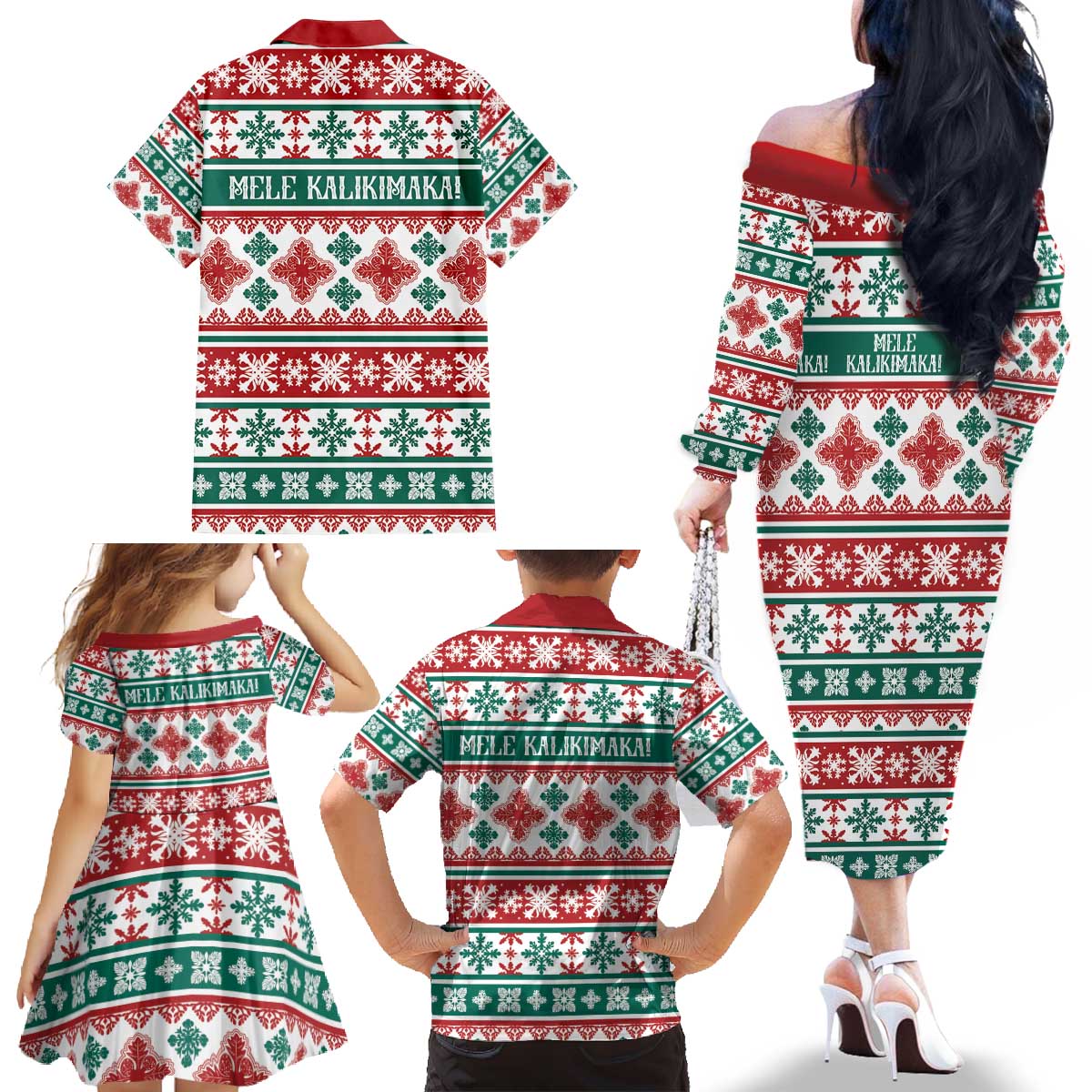 Mele Kalikimaka Hawaii Christmas Family Matching Off The Shoulder Long Sleeve Dress and Hawaiian Shirt Hawaiian Quilt Pattern Style - Polynesian Pride