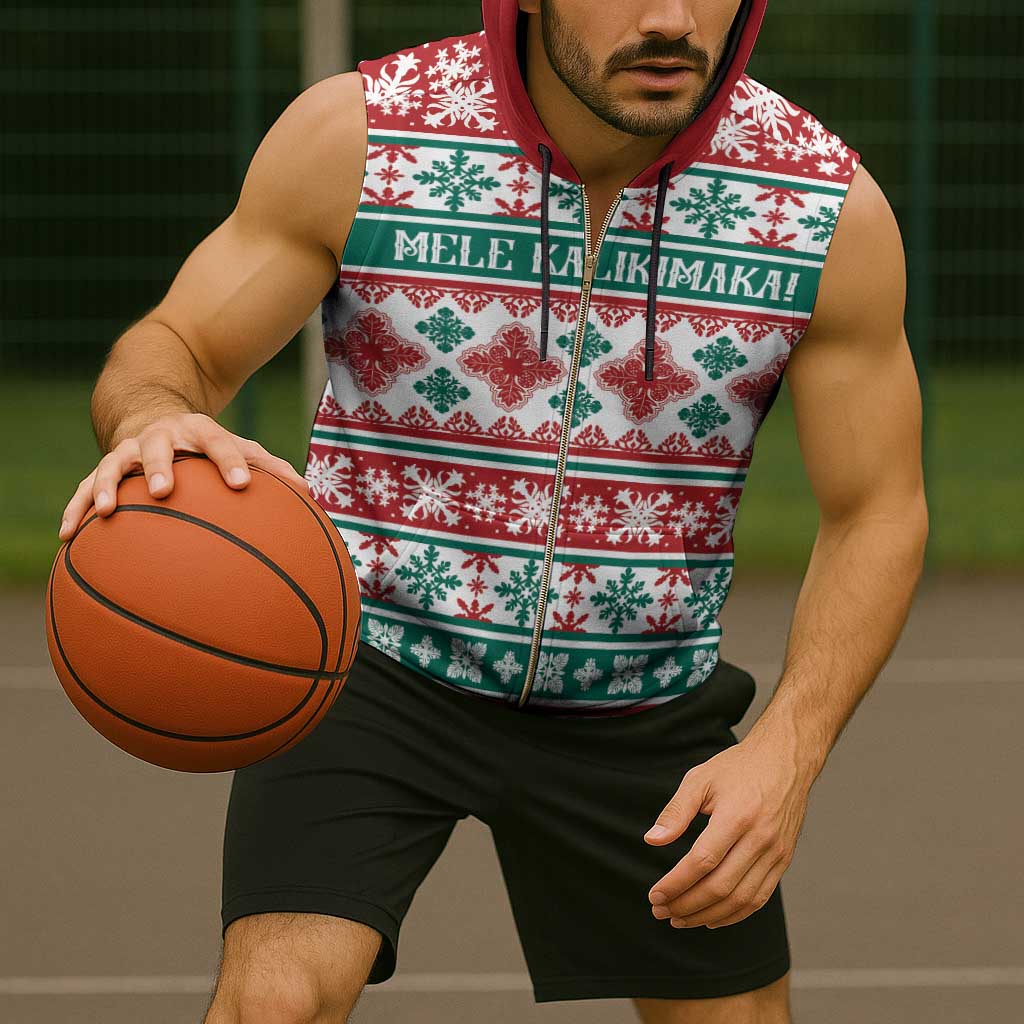 Mele Kalikimaka Hawaii Christmas Sleeveless Zip Hoodie Hawaiian Quilt Pattern Style - Polynesian Pride