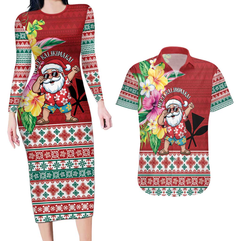 Santa Surf Mele Kalikimaka Personalized Couples Matching Long Sleeve Bodycon Dress and Hawaiian Shirt Aloha Tropical Christmas Vibes - Polynesian Pride