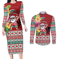 Santa Surf Mele Kalikimaka Personalized Couples Matching Long Sleeve Bodycon Dress and Long Sleeve Button Shirt Aloha Tropical Christmas Vibes - Polynesian Pride
