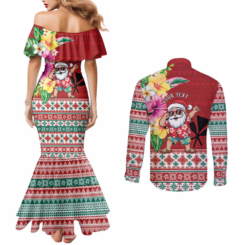 Santa Surf Mele Kalikimaka Personalized Couples Matching Mermaid Dress and Long Sleeve Button Shirt Aloha Tropical Christmas Vibes - Polynesian Pride