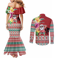 Santa Surf Mele Kalikimaka Personalized Couples Matching Mermaid Dress and Long Sleeve Button Shirt Aloha Tropical Christmas Vibes - Polynesian Pride
