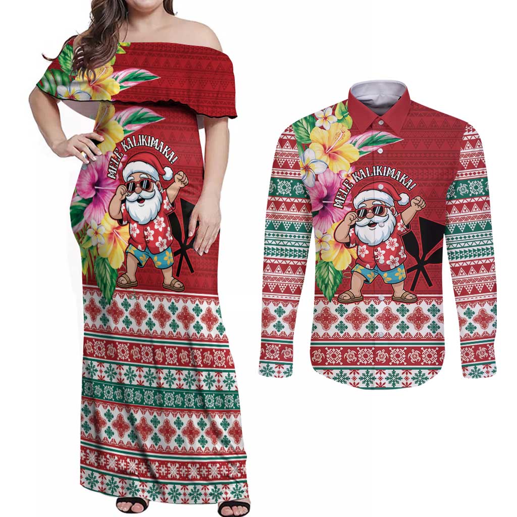 Santa Surf Mele Kalikimaka Personalized Couples Matching Off Shoulder Maxi Dress and Long Sleeve Button Shirt Aloha Tropical Christmas Vibes - Polynesian Pride