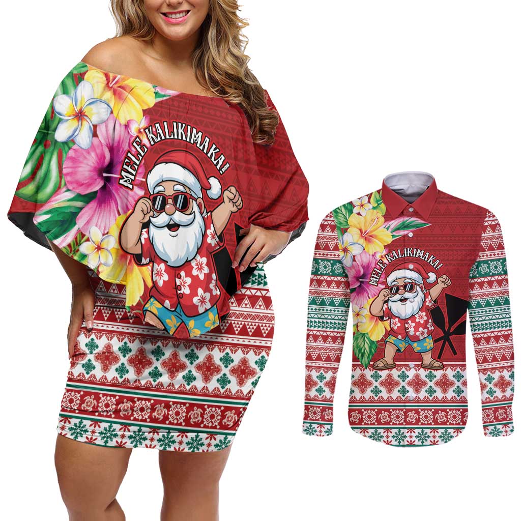 Santa Surf Mele Kalikimaka Personalized Couples Matching Off Shoulder Short Dress and Long Sleeve Button Shirt Aloha Tropical Christmas Vibes - Polynesian Pride